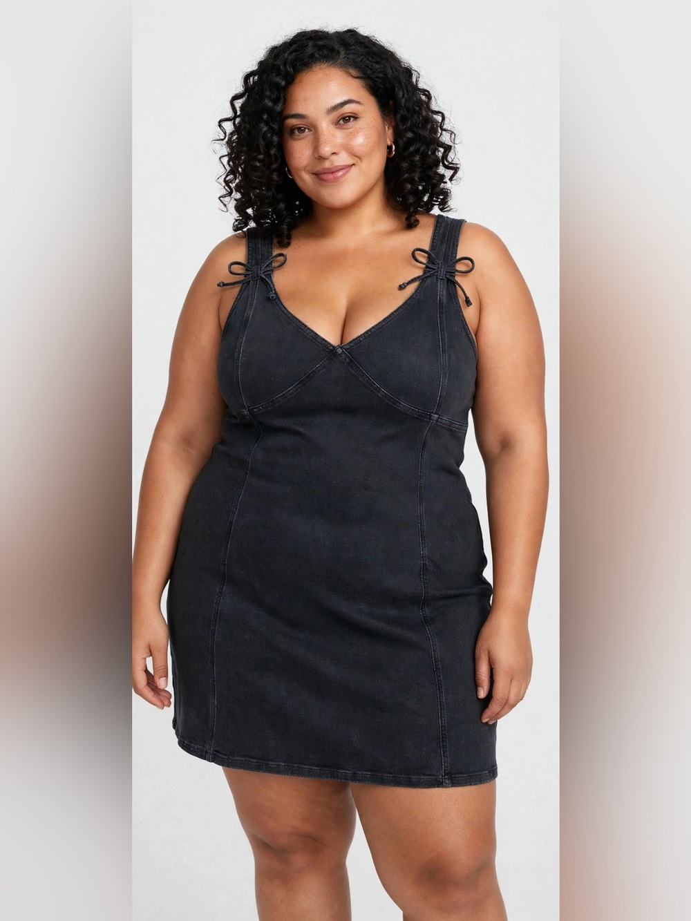 NWT AMERICAN EAGLE AE Denim Bow Tie Mini Dress XXL washed Black V Neck  A line